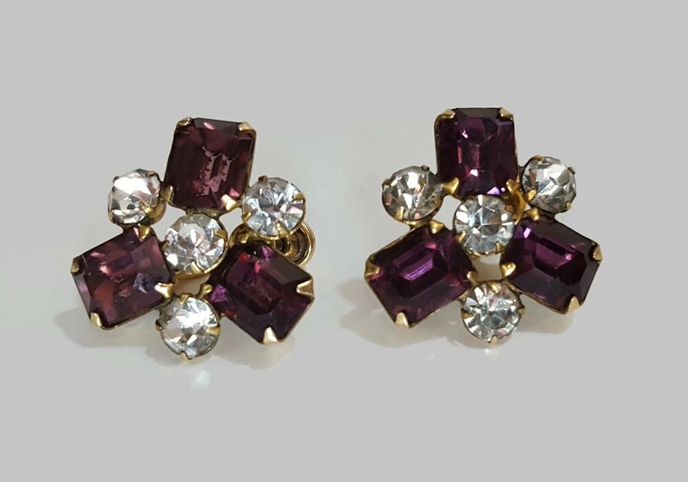 Vintage Gold Filled Clear & Purple Rhinestone Screw Back Earrings